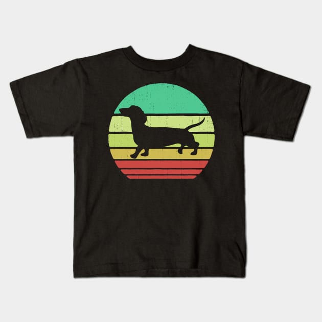 Retro Vintage Sunset Doxie Dachshund Dog Breed Silhouette Kids T-Shirt by Drakes